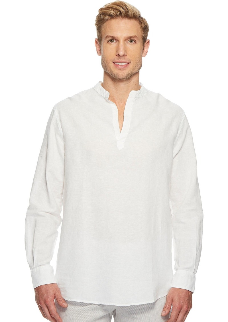 Perry Ellis Men's Long-Sleeve Solid Linen Cotton Popover Shirt bright white