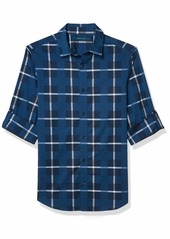 Perry Ellis Men's Plaid Dobby Untucked Roll Sleeve Button-Down Shirt