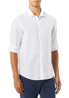 Perry Ellis mens Rolled-sleeve Solid Linen Cotton Button-up Slim Fit Button Down Shirt   US