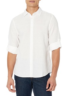 Perry Ellis Men's Roll Sleeve Solid Linen Cotton Button-Down Shirt (Size Small-XX-Large)