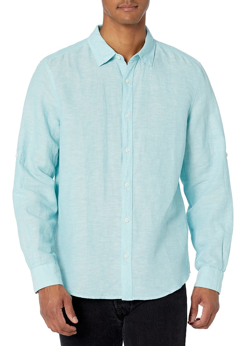 Perry Ellis mens Roll Sleeve Solid Linen Cotton Button-down (Size  - Xx-large) Shirt   US