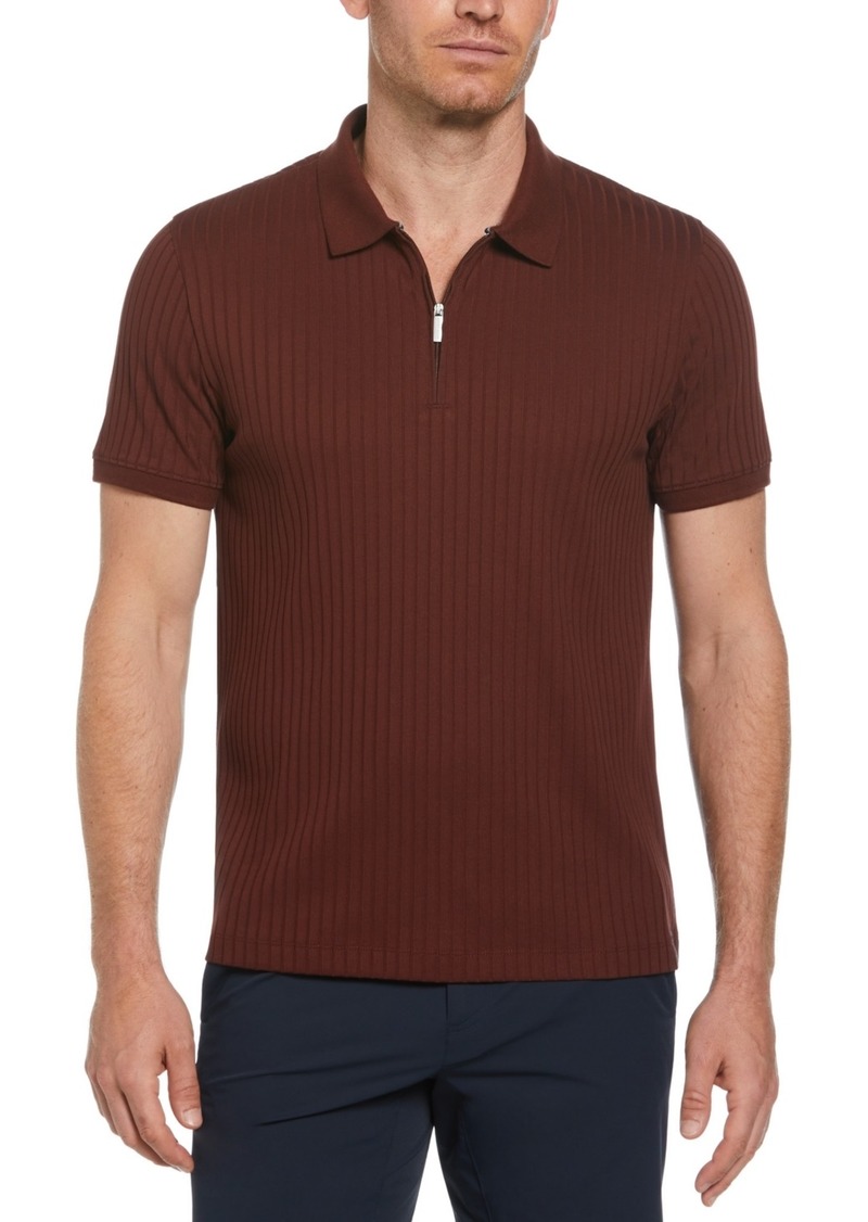 Perry Ellis Men's Slim-Fit Ribbed-Knit 1/4-Zip Polo Shirt - Rum Raisin