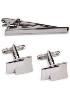 Perry Ellis Men's Small Grid Cuff Links & Tie Bar Set - Dark Gray