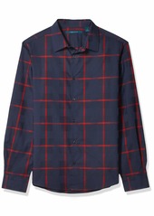 Perry Ellis Men's Untucked Wide Windowpane Plaid Dobby Long Sleeve Button-Down Shirt