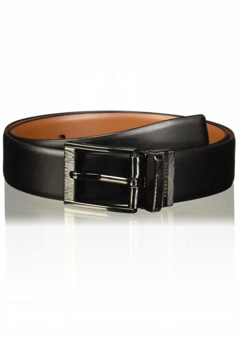 Perry Ellis Portfolio Feather Edge Leather Men's Belt Reversible with Etched Buckle Soft Touch Material (Sizes 30- Inches Big & Tall)