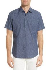 Peter Millar Indigo Palms Short Sleeve Stretch Cotton Button-Up Shirt at Nordstrom