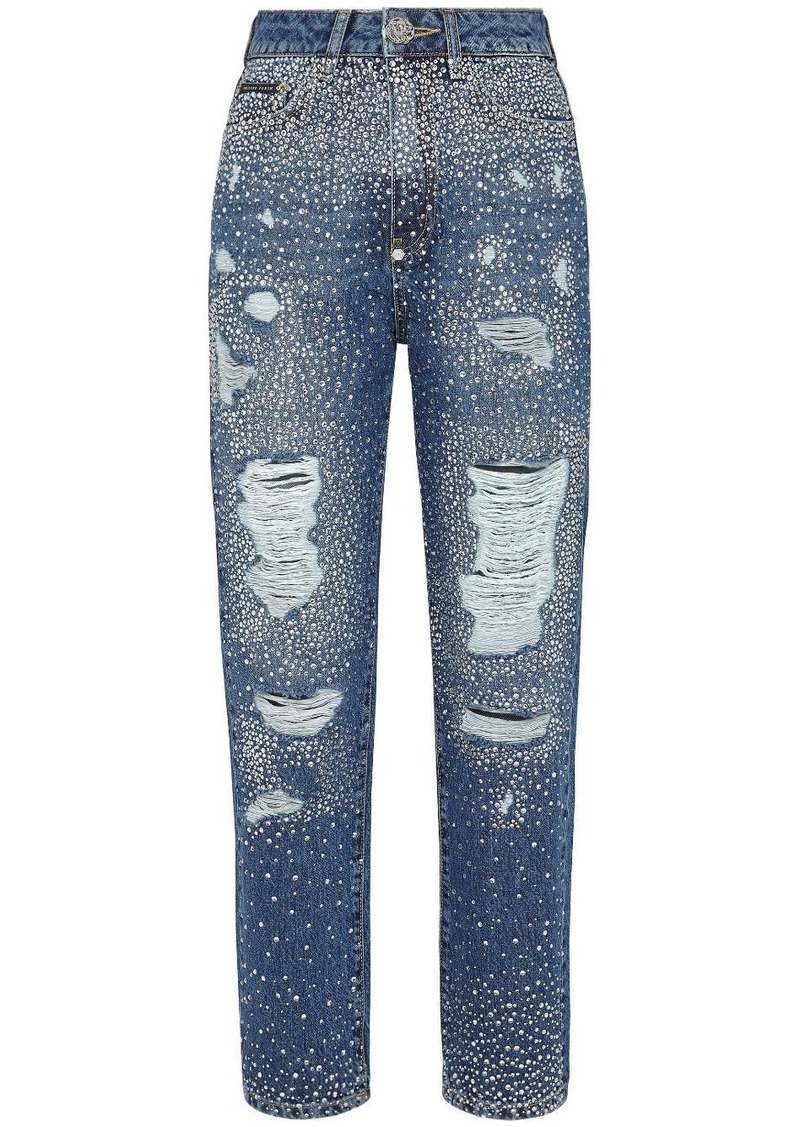 Philipp Plein crystal-embellished distressed-denim trousers