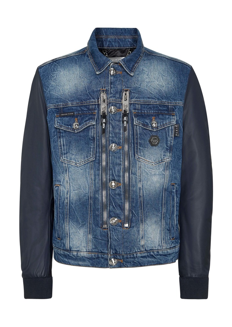 Philipp Plein Denim Regular Jacket with Nylon Sleeves Hexagon