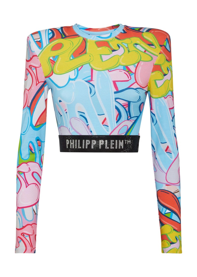 Philipp Plein Padded Shoulder Cropped Top LS Bombing Graffiti