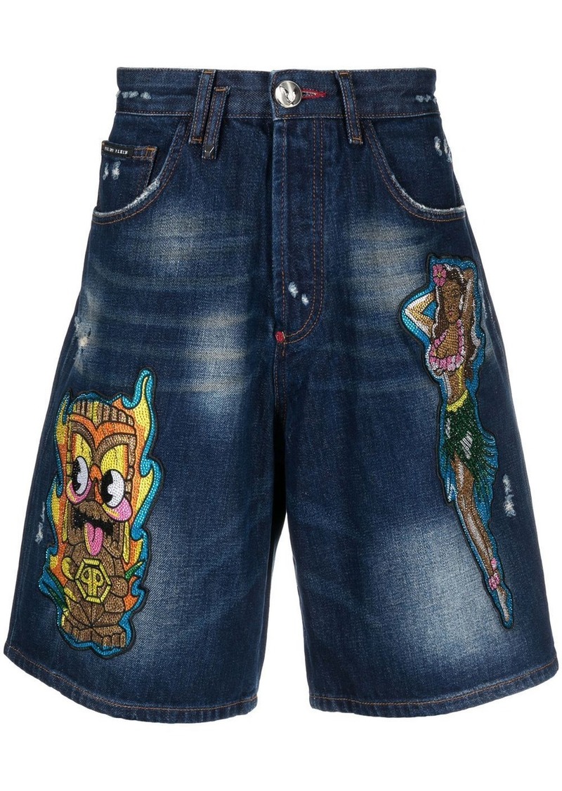 Philipp Plein patch-detail knee-length denim shorts