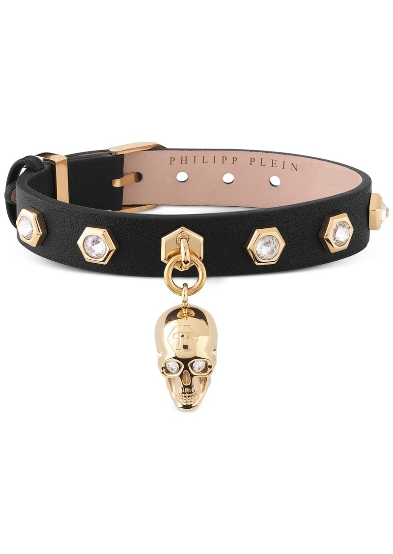 Philipp Plein Gold-Tone Ip Stainless Steel Pave 3D $kull Charm Crystal-Studded Leather Bracelet - Ip Yellow Gold