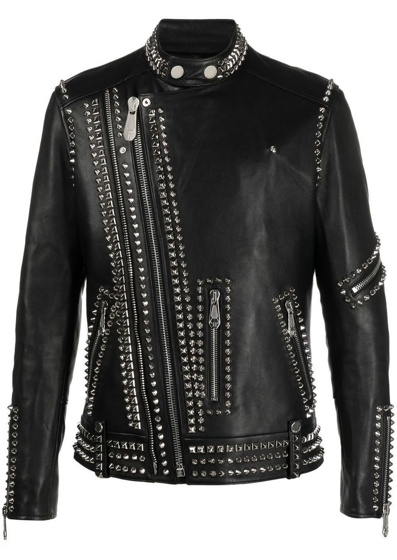 Philipp Plein Rockstud-embellished leather biker jacket