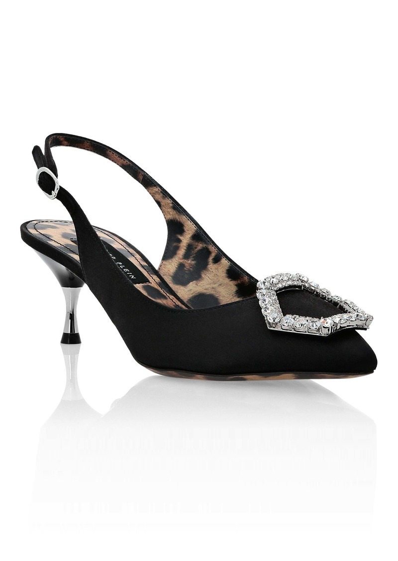 Philipp Plein Satin Decollete Slingback Low Heels Crystal Hexagon