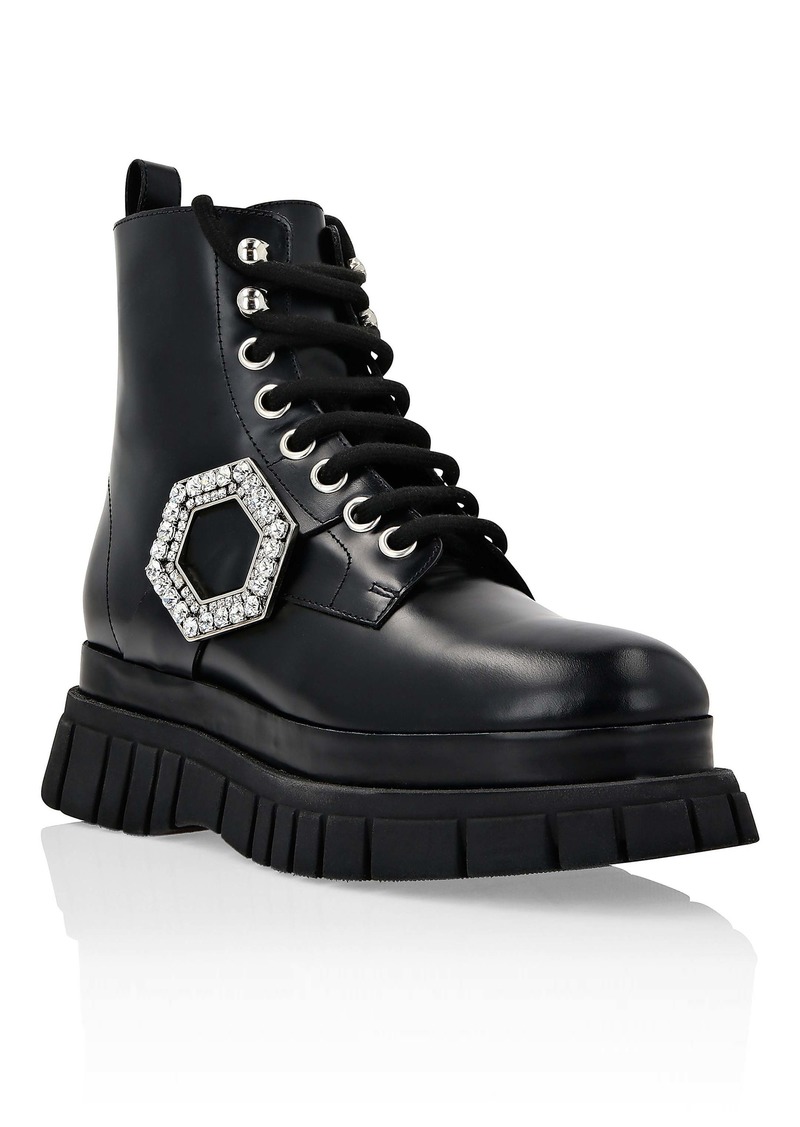 Philipp Plein Shiny Leather Boots Mid Flat Crystal Hexagon