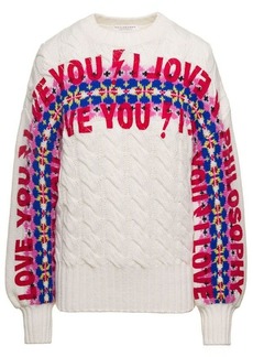 'I Love You Philosophy' White Cable Knit Sweater with Jacquard Multicolor Motif in Wool Woman