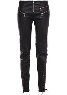 Pierre Balmain Woman Moto-style Lace-up Leather Skinny Pants Black