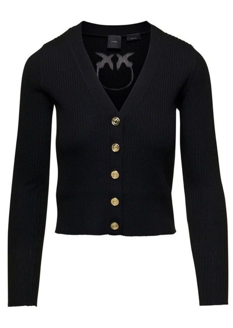 Pinko Black Ribbed Cardigan with Logo Cut-Out in Wool Woman