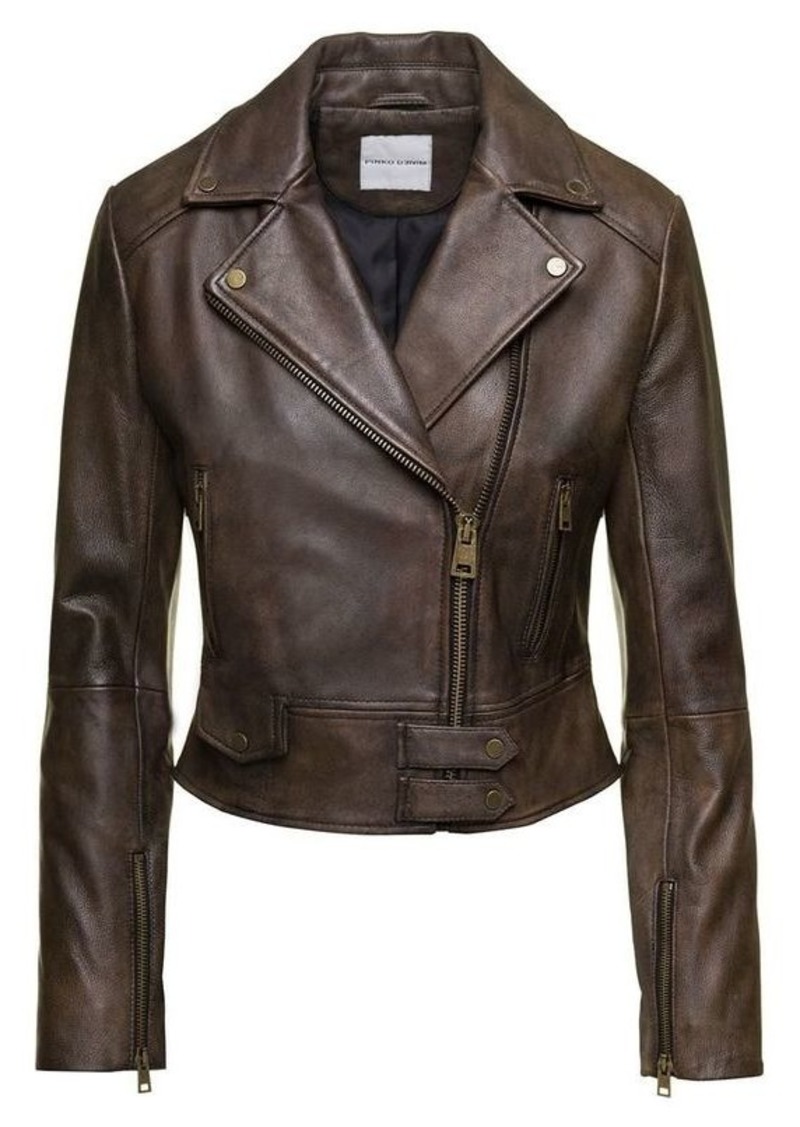 Pinko Brown Zip-Up Biker Jacket with Revers Collar in Leather Woman