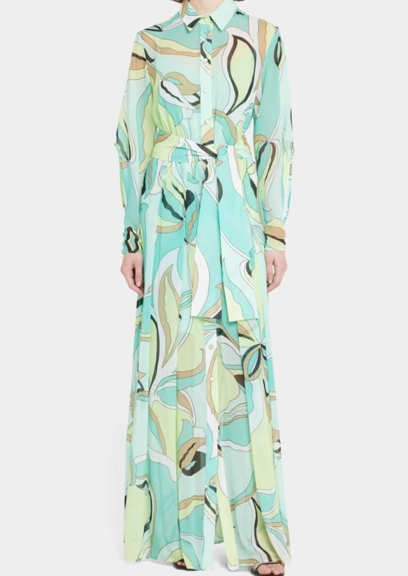 PINKO Narcisa Tie-Belt Floral Voile Maxi Shirtdress