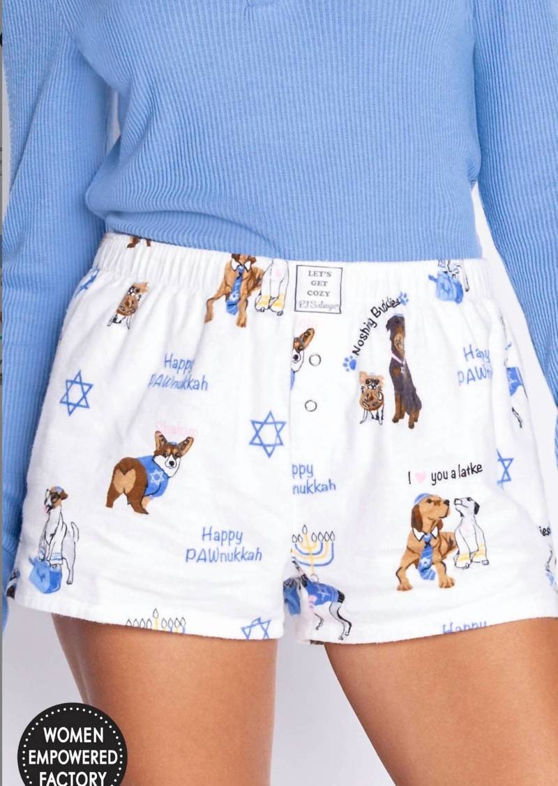 PJ Salvage Happy Pawnukkah Pj Shorts In White With Puppy Prints