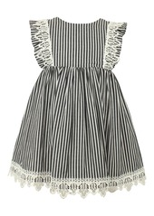 Popatu Stripe Lace Trim Flutter Sleeve Dress in Black/White at Nordstrom