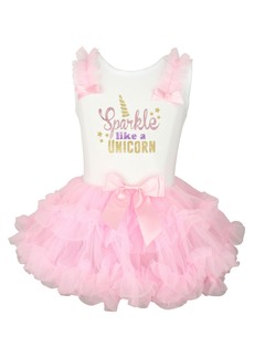 Popatu Little Girls Sparkle Unicorn Glitter Ruffle Dress with Tutu Skirt - White, Pink