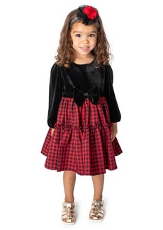 Popatu Kids' Check Long Sleeve Velvet Bodice Tiered Dress