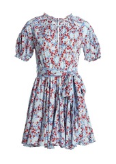 Poupette St Barth Lace-Trimmed Belted Floral Mini Dress