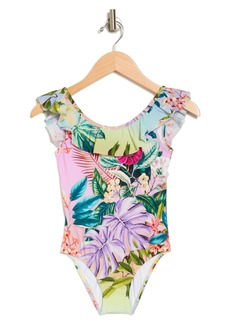 PQ SWIM Kids' Tropical One-Piece Swimsuit in Lavender Oasis at Nordstrom Rack