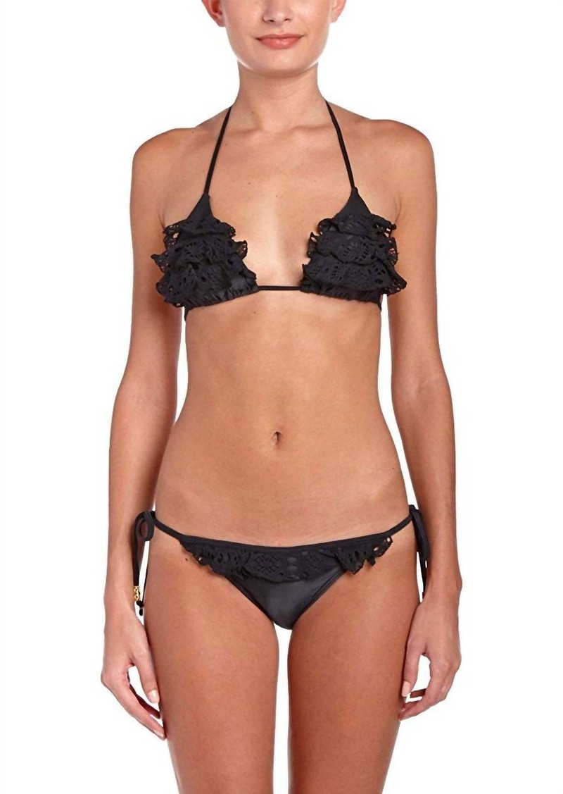 PQ Swim Women's Teeny Lace Diva Ruffle Tie Side Strap Bikini Bottom Swimsuit In Black
