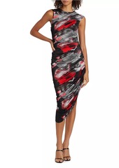 Prabal Gurung Abstract-Print Ruched Asymmetric Midi-Dress