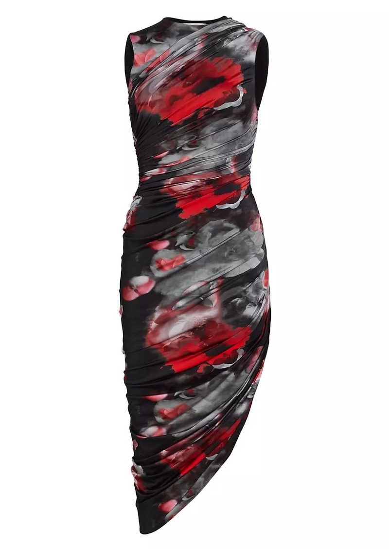 Prabal Gurung Abstract-Print Ruched Asymmetric Midi-Dress