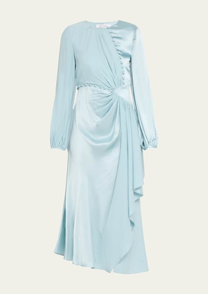 Prabal Gurung Buttoned Cascade Ruffle Slit Silk Midi Dress