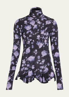 Prabal Gurung Watercolor Floral Diagonal Patch Turtlenck Top