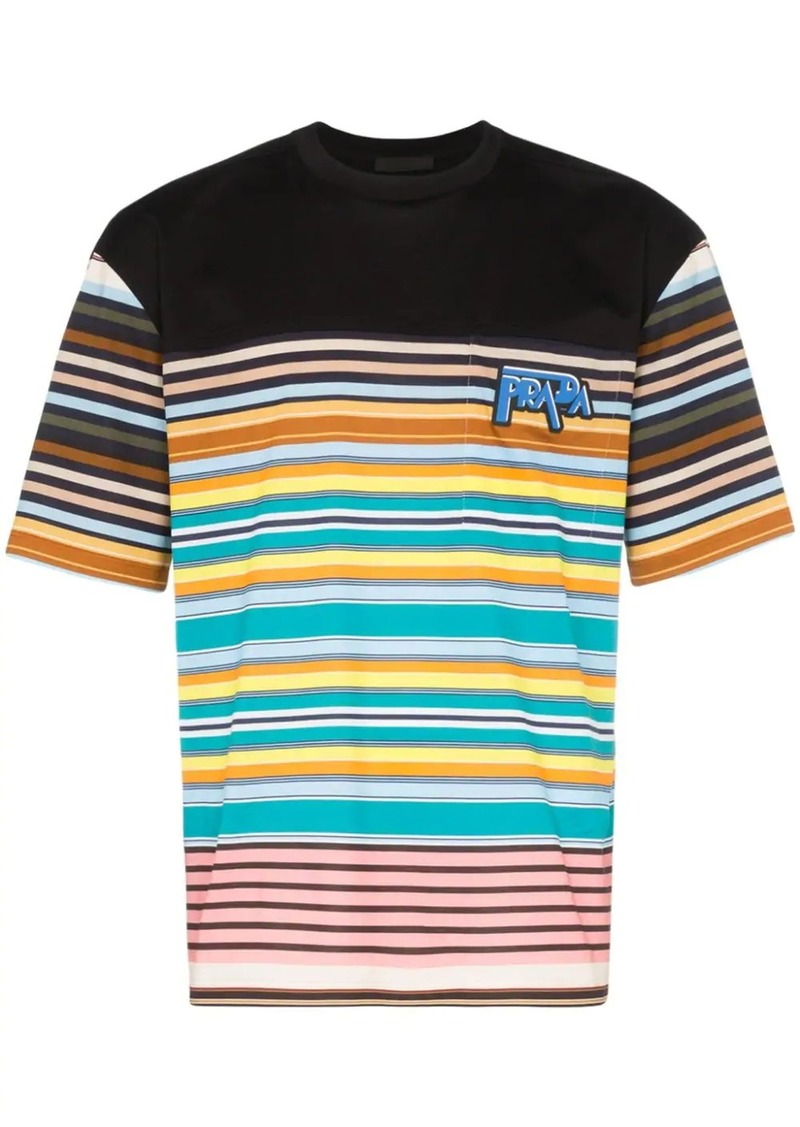 Prada logo patch stripe print cotton T-shirt | Tops