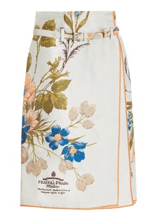 Prada - Belted Floral-Twill Midi Scarf Skirt - Blue - IT 42 - Moda Operandi