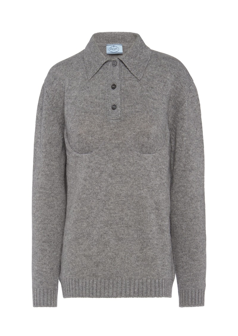 Prada - Bra-Detailed Cashmere Polo Sweater - Grey - XL - Moda Operandi