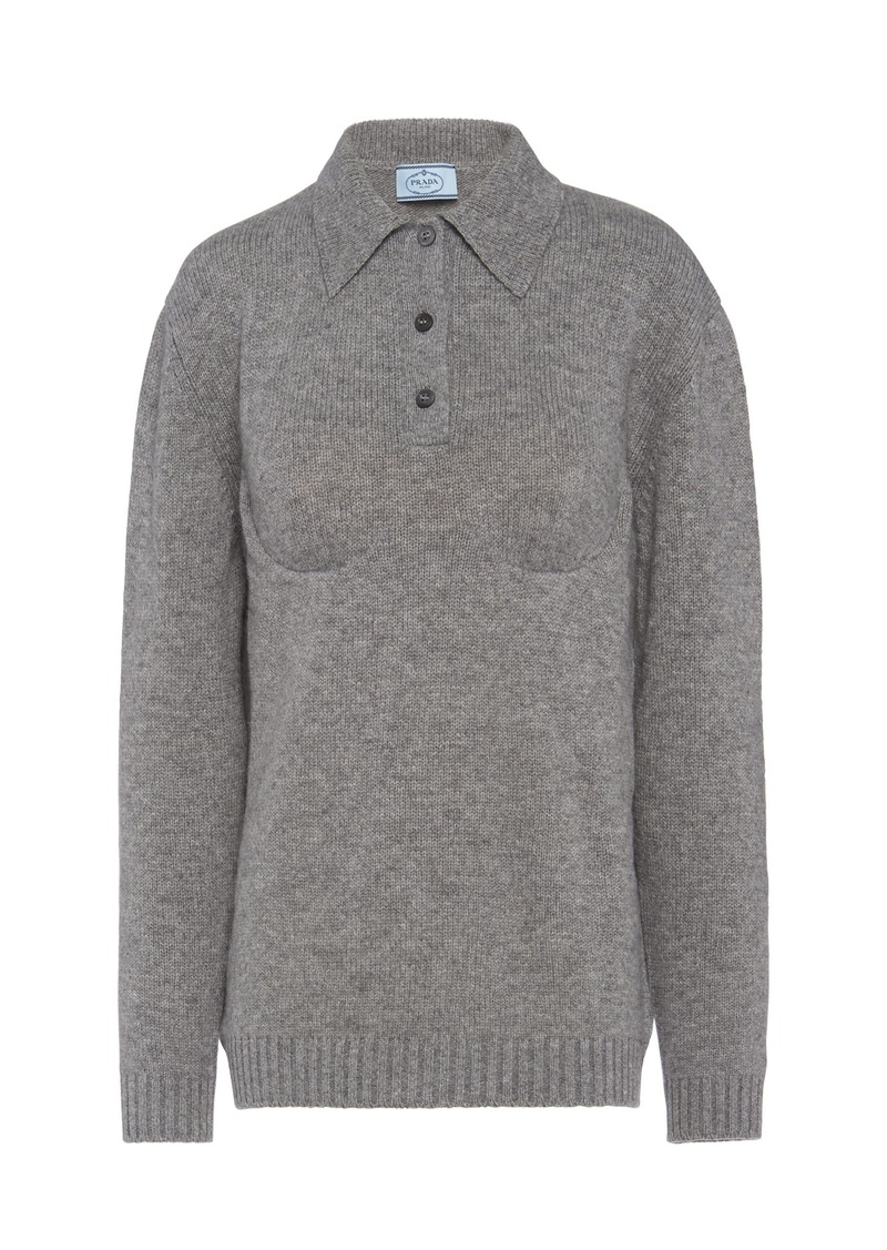 Prada - Bra-Detailed Cashmere Polo Sweater - Grey - L - Moda Operandi