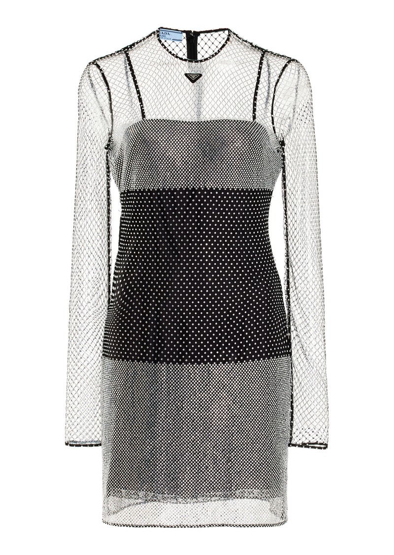 Prada - Crystal-Embellished Mesh Mini Dress - Silver - IT 40 - Moda Operandi