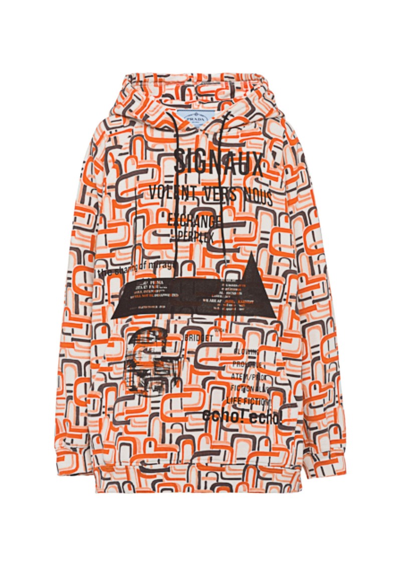 Prada - Drawstring Printed Cotton Hooded Sweatshirt - Black/white - XS - Moda Operandi