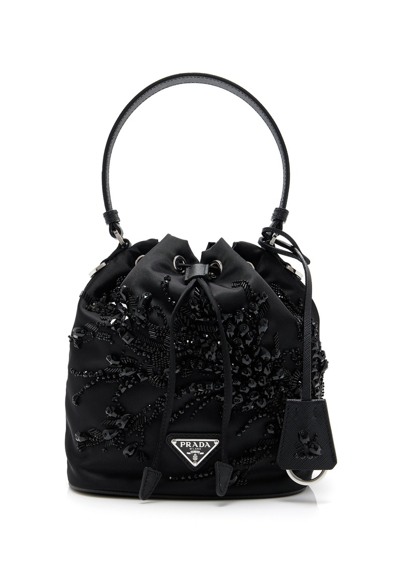 Prada - Embroidered Nylon-Leather Bucket Bag - Black - OS - Moda Operandi