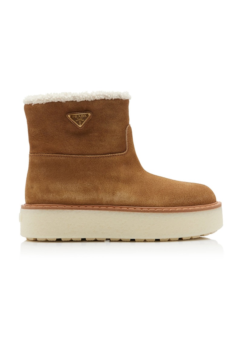 Prada - Evolve Shearling-Lined Suede Ankle Boots - Brown - IT 38.5 - Moda Operandi