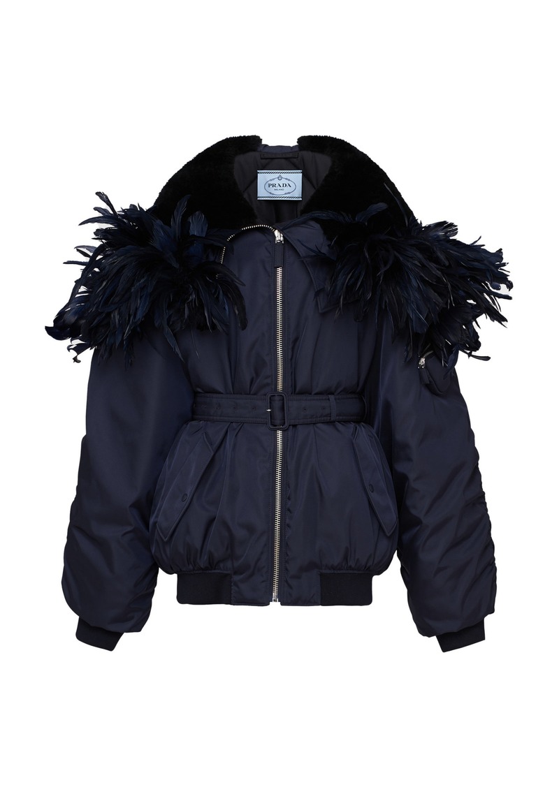 Prada - Feather-Trimmed Re-Nylon Bomber Jacket - Blue - XS - Moda Operandi