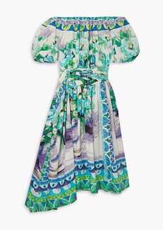 Prada - Off-the-shoulder draped printed cotton-poplin dress - Green - IT 36