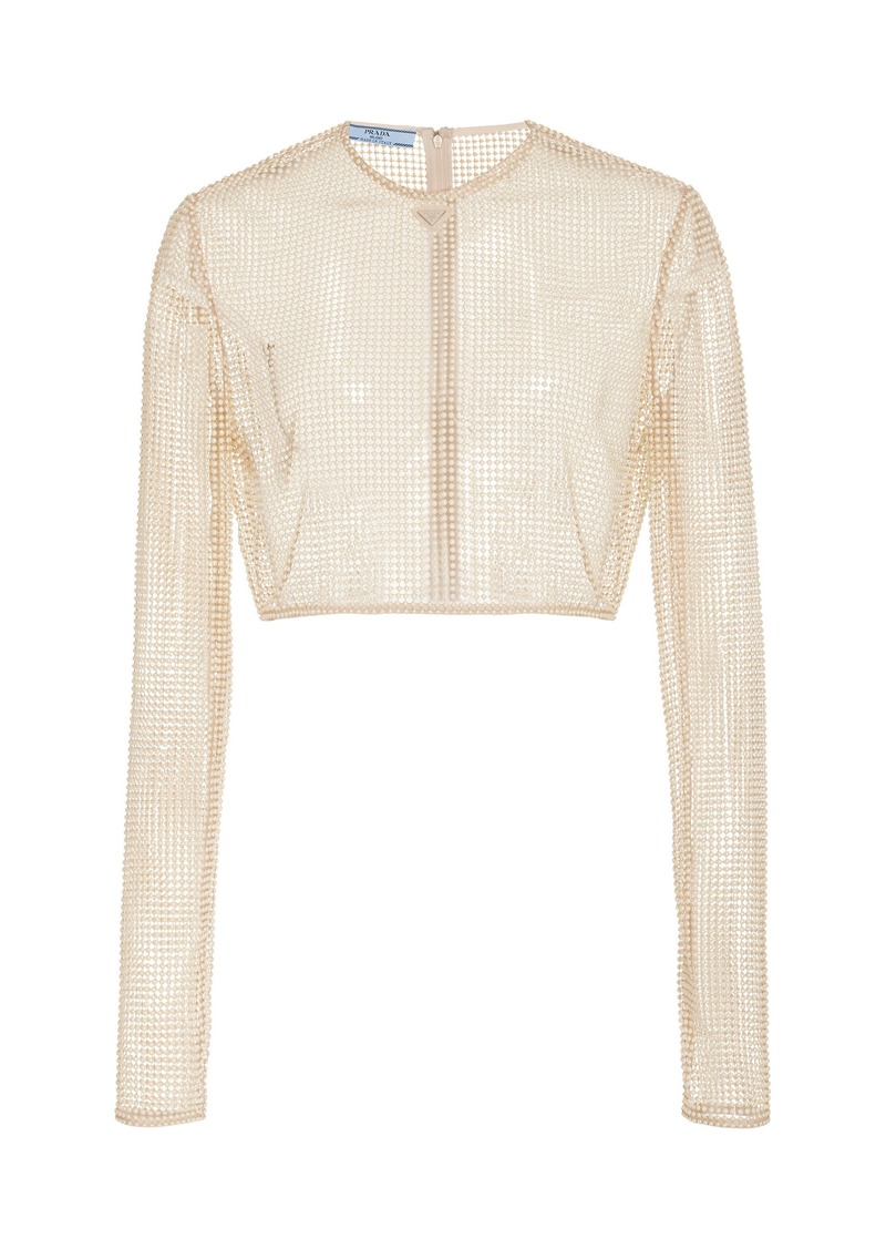 Prada - Pearl-Embroidered Mesh Cropped Top - Neutral - IT 40 - Moda Operandi