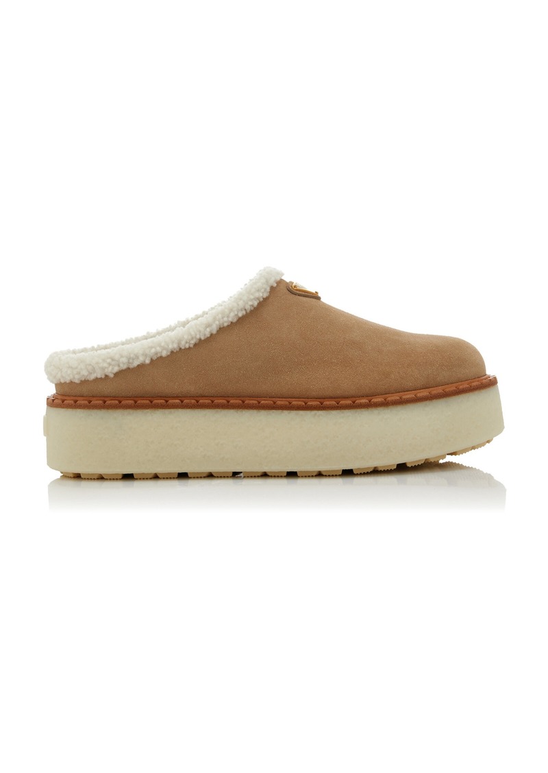 Prada - Shearling Platform Mules - Tan - IT 38.5 - Moda Operandi