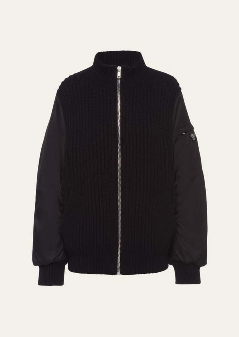 Prada Cashmere Knit Bomber Jacket with Nylon Sleeves