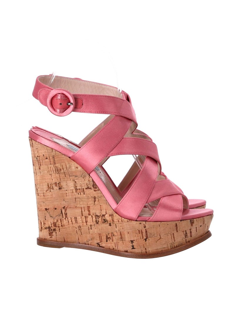 Prada Crisscross Strap Wedge Sandals in Pink Satin