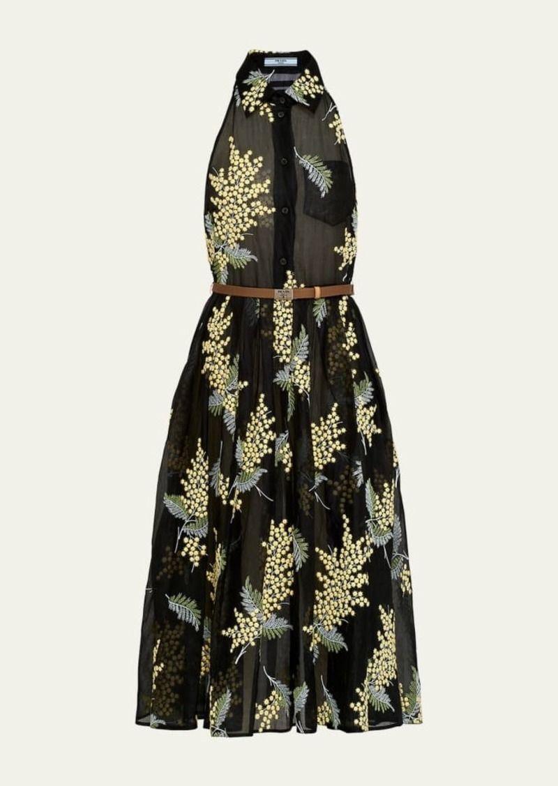 Prada Embroidered Organza Sleeveless Belted Midi Dress