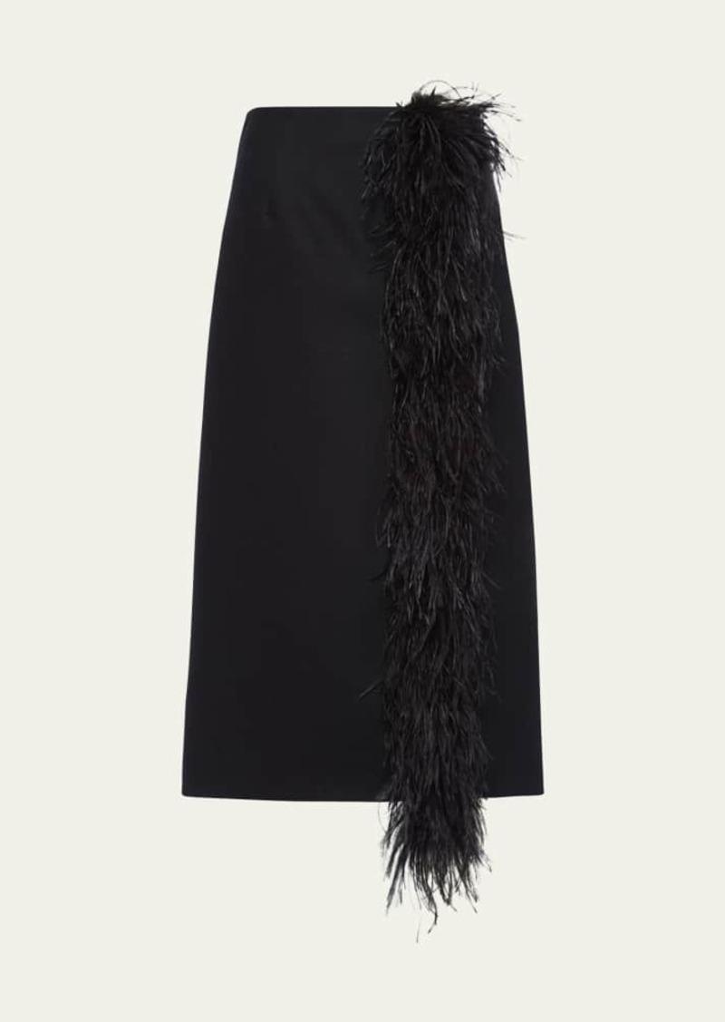 Prada Feather-Trimmed Wool Midi Skirt